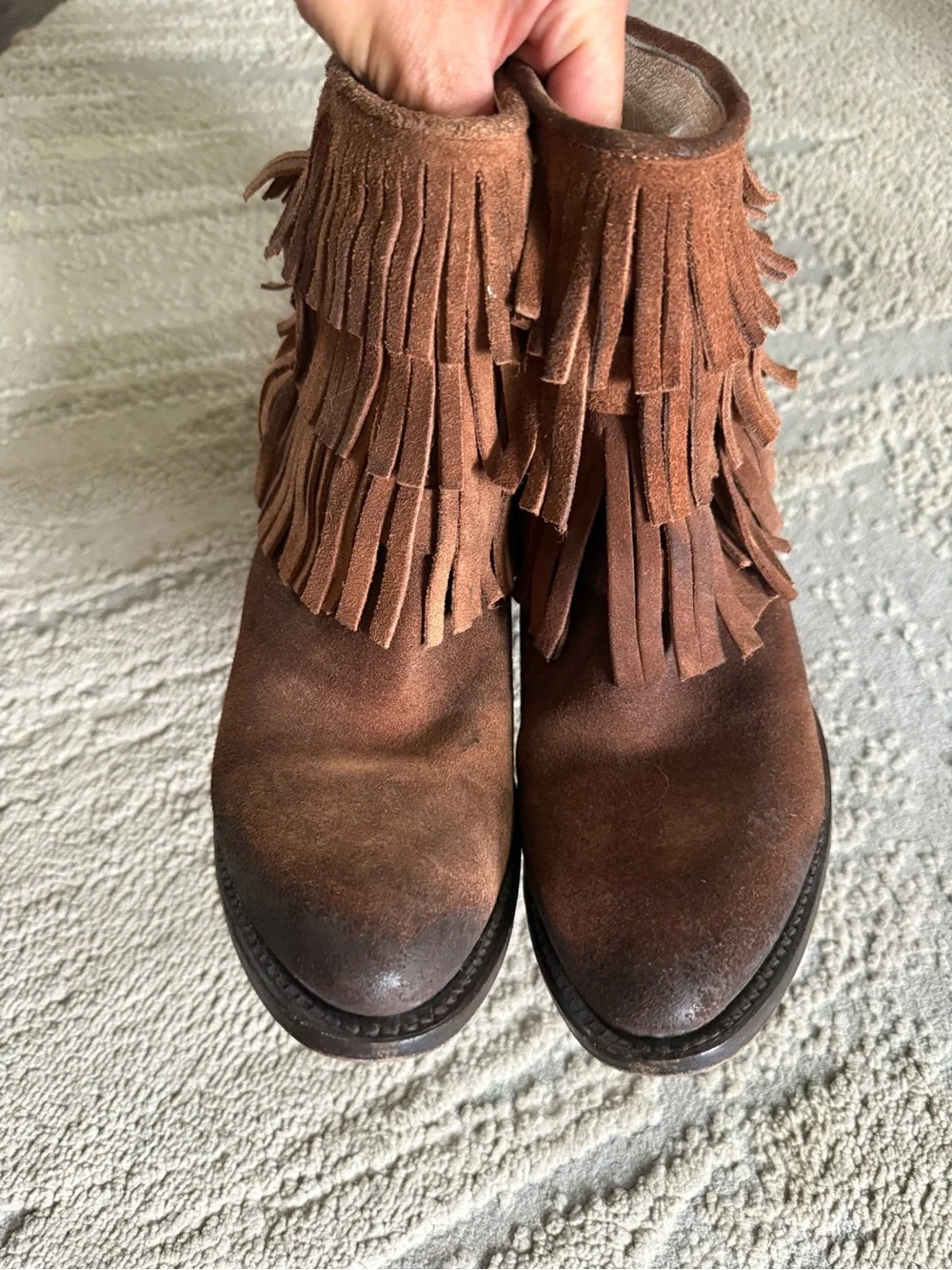 Freebird Suede leather suede brown Fringe Ankle Boots block heel 8